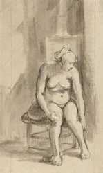Nackte Frau, die an einem Ofen sitzt, ca. 1660-62